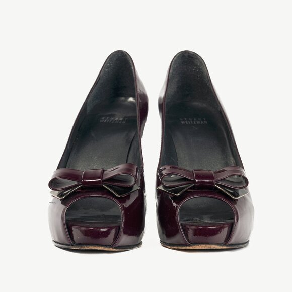 Stuart Weitzman Spice Plum Quasar Patent-Leather Bow Peep-Toe Pumps - Picture 2 of 10